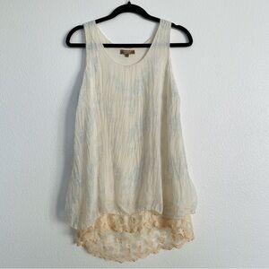 Carla Conti Woman’s Silk Lace-Hem Sleeveless Tunic Top Ivory Blue Floral Size L